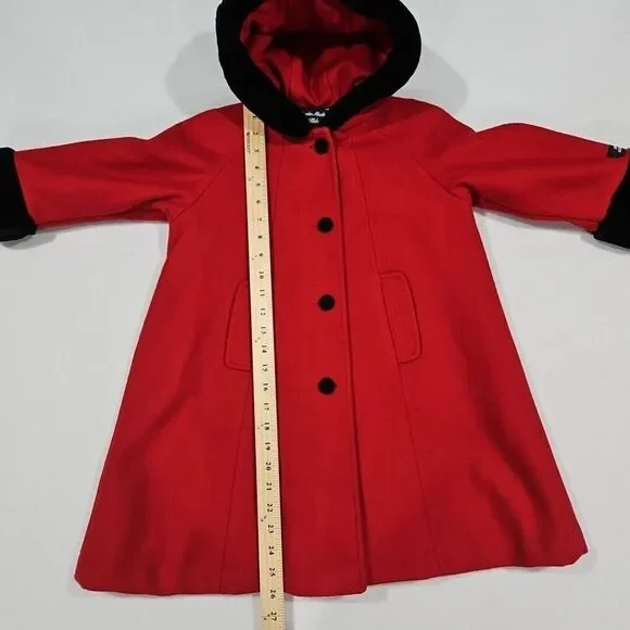 Stephanie Matthews Girls 100% Wool Red Jacket Coat Black Velvet Size 5 Long Hood